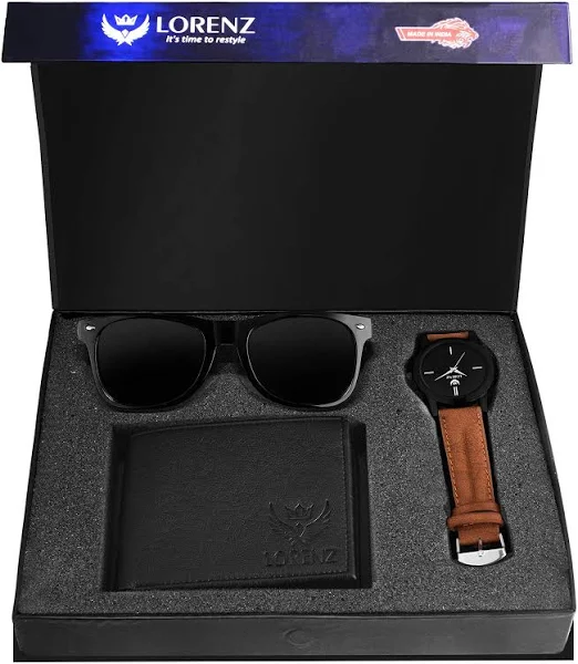 LORENZ Combo of Black Men's Wallet, Sunglasses & Watch | Choose Any one | Brown Wallet, Army Design Wallet, Blue Wallet or Black Wallet